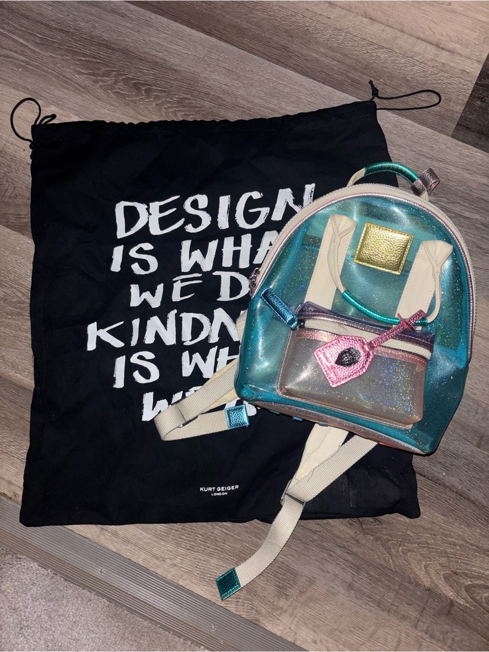 Kurt Geiger Iridescent Teal Mini Backpack with Cream Straps